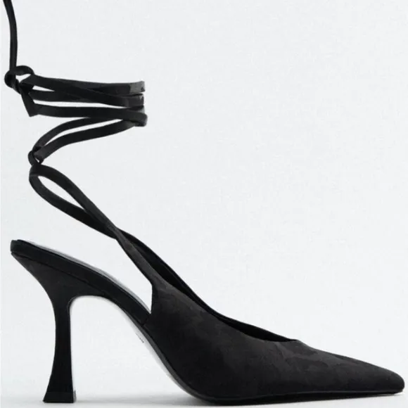 Zara Woman’s size 37 black spotted sling back tie up pointed toe sandals.
