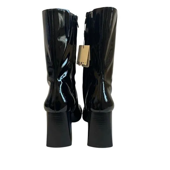 Zara Women's Black Faux Patent Leather Cap Toe Mid Calf Short Boots Size 9