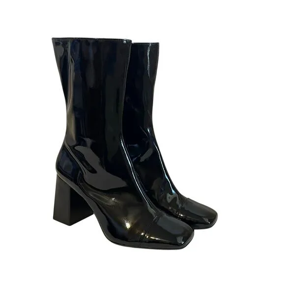 Zara Women's Black Faux Patent Leather Cap Toe Mid Calf Short Boots Size 9