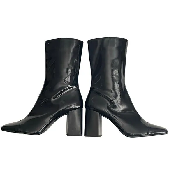 Zara Women's Black Faux Patent Leather Cap Toe Mid Calf Short Boots Size 9