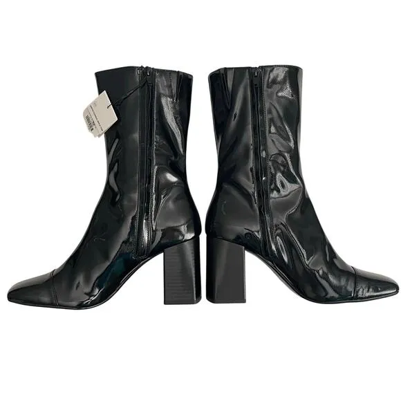 Zara Women's Black Faux Patent Leather Cap Toe Mid Calf Short Boots Size 9