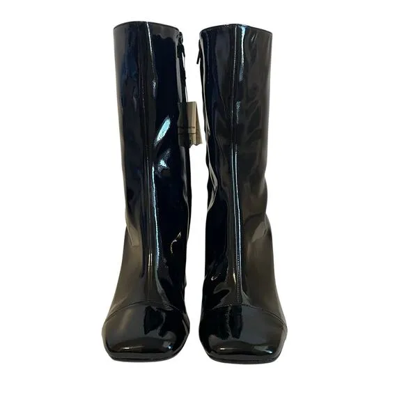 Zara Women's Black Faux Patent Leather Cap Toe Mid Calf Short Boots Size 9