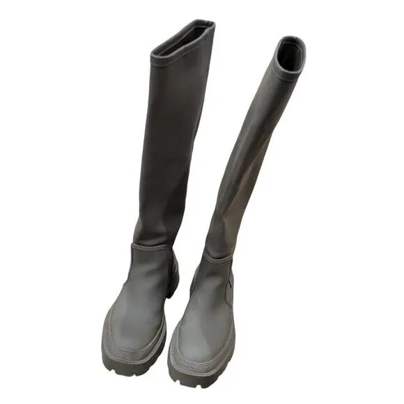 ZARA Women's Knee-High Boots Size 8 Green Rubberized Lug Sole Chunky Combat