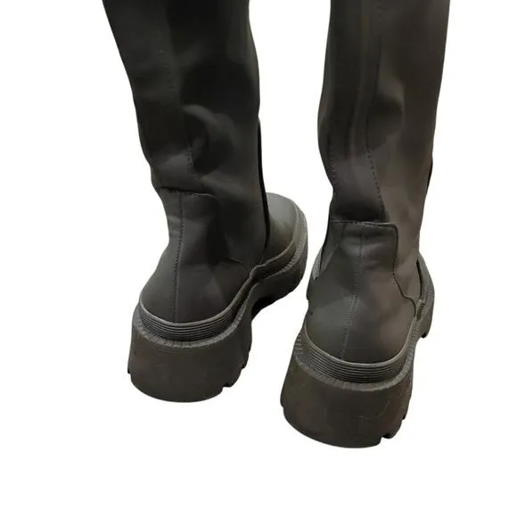 ZARA Women's Knee-High Boots Size 8 Green Rubberized Lug Sole Chunky Combat