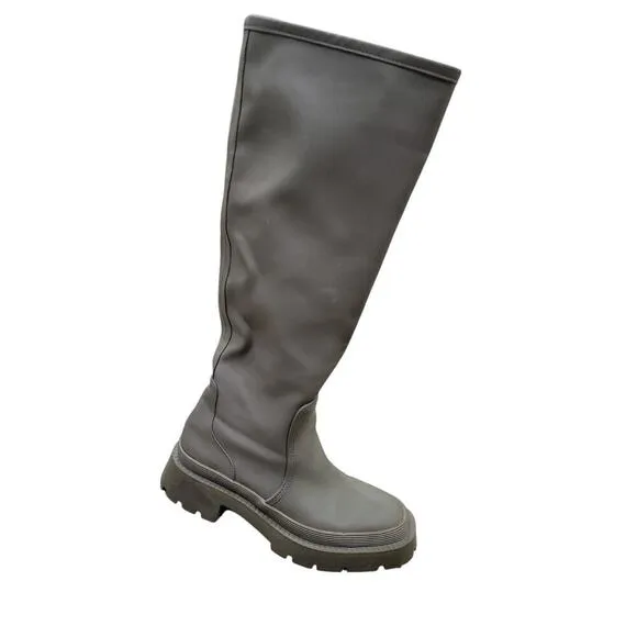 ZARA Women's Knee-High Boots Size 8 Green Rubberized Lug Sole Chunky Combat