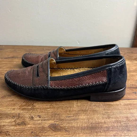 Zelli Mens 9M Black Brown Genuine Ostrich Leather Handmade Italy Penny Loafers