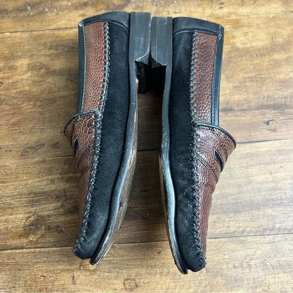 Zelli Mens 9M Black Brown Genuine Ostrich Leather Handmade Italy Penny Loafers