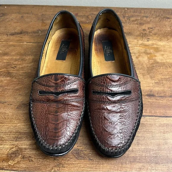 Zelli Mens 9M Black Brown Genuine Ostrich Leather Handmade Italy Penny Loafers